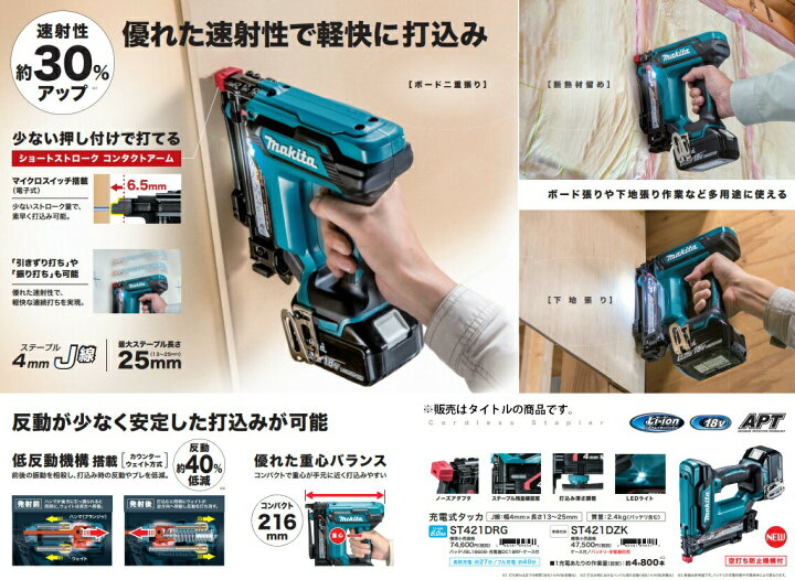 楽天市場】(マキタ) 充電式タッカ ST421DZK 本体+ケース付 J線 