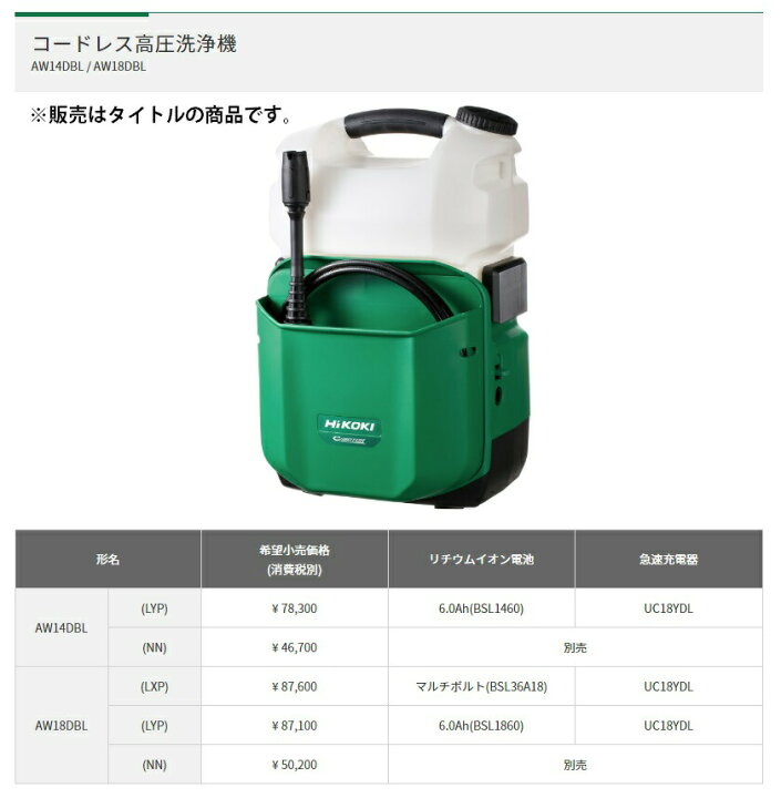 楽天市場】HiKOKI コードレス高圧洗浄機 AW14DBL(NN) 本体のみ 14.4V 