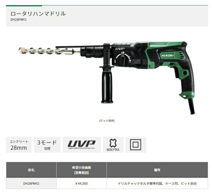 楽天市場】HiKOKI ロータリハンマドリル DH28PMY2 ドリルチャック 