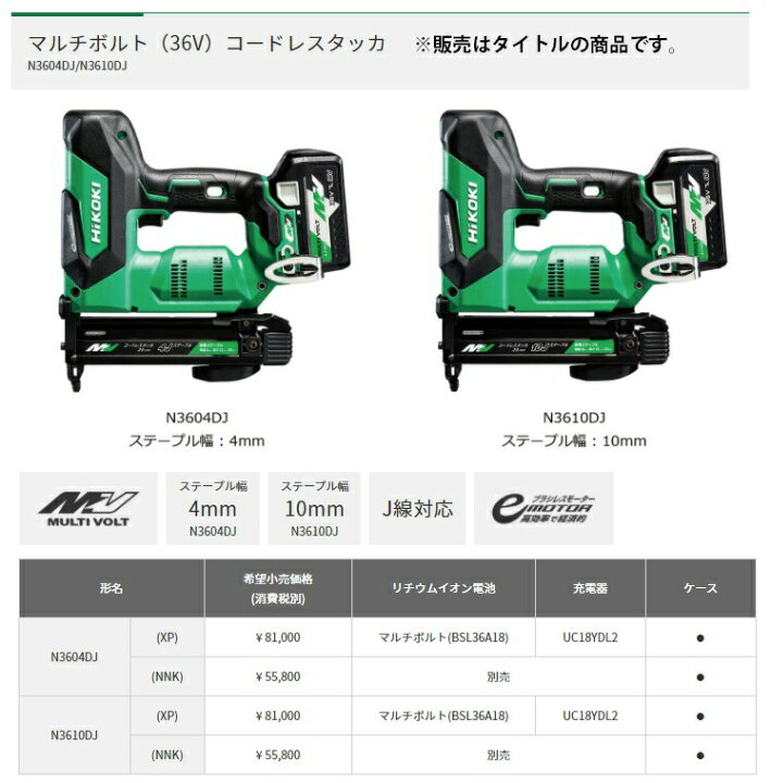 楽天市場】HiKOKI マルチボルト(36V)コードレスタッカ N3604DJ(NNK 