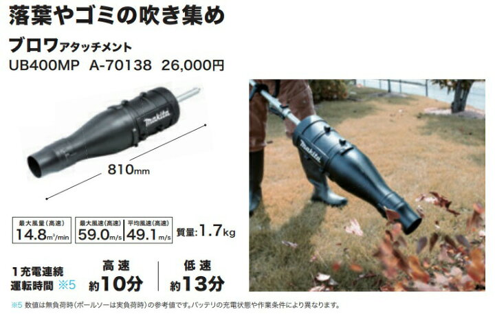 楽天市場】(マキタ) ブロワアタッチメント A-70138 UB400MP 長さ810mm 質量1.7kg 落葉やゴミの吹き集め スプリット式刈払機用  makita 大型商品 : カナジン 楽天市場店