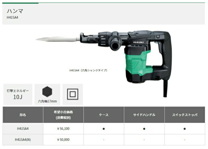 楽天市場】HiKOKI ハンマ 六角シャンクタイプ H41SA4(N) 本体のみ 六角 