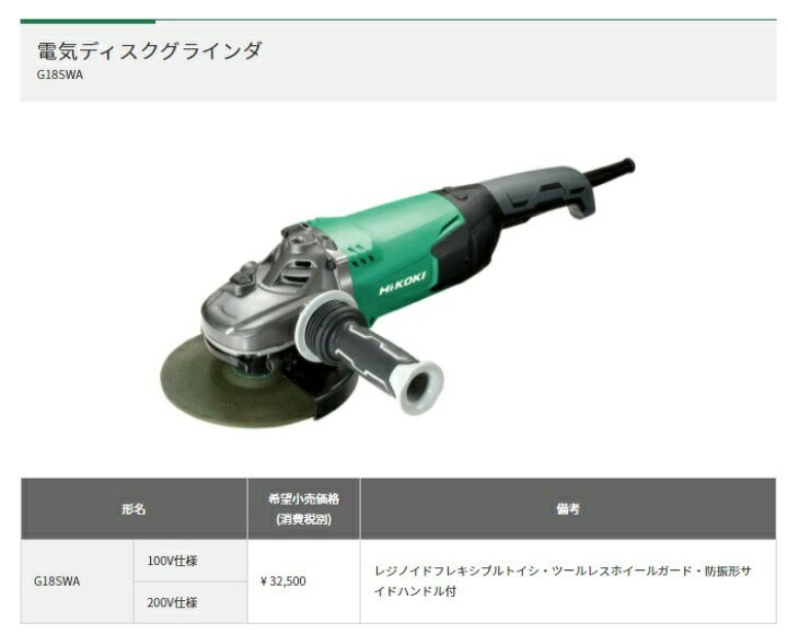 楽天市場】HiKOKI 電気ディスクグラインダ G18SWA 200V仕様 防振形 