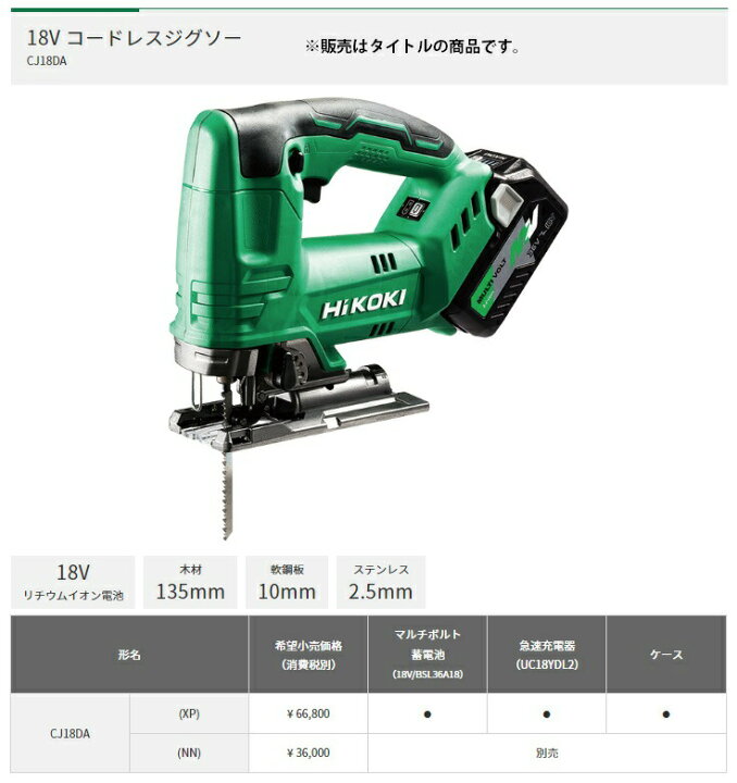楽天市場】HiKOKI コードレスジグソー CJ18DA(NN) 本体のみ マルチ  