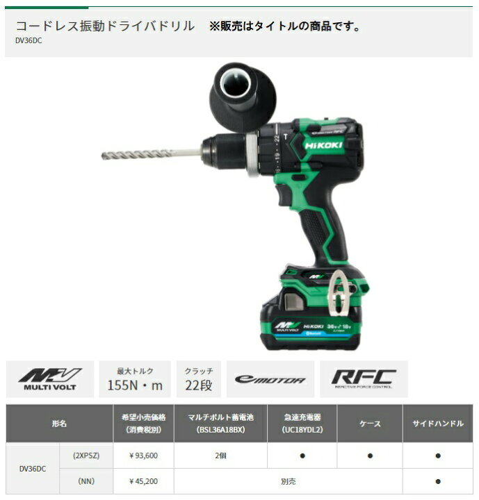 楽天市場】(HiKOKI) コードレス振動ドライバドリル DV36DC(NN) 本体+ 