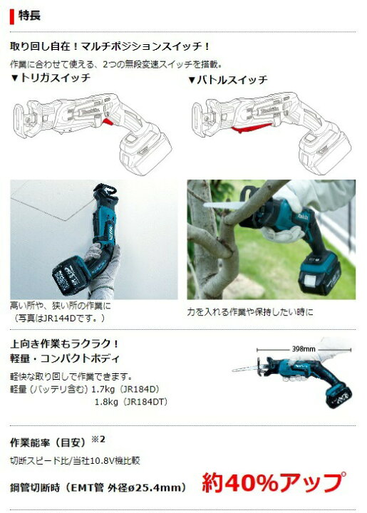 楽天市場】マキタ 充電式レシプロソー JR184DZT+バッテリBL1860B+充電 