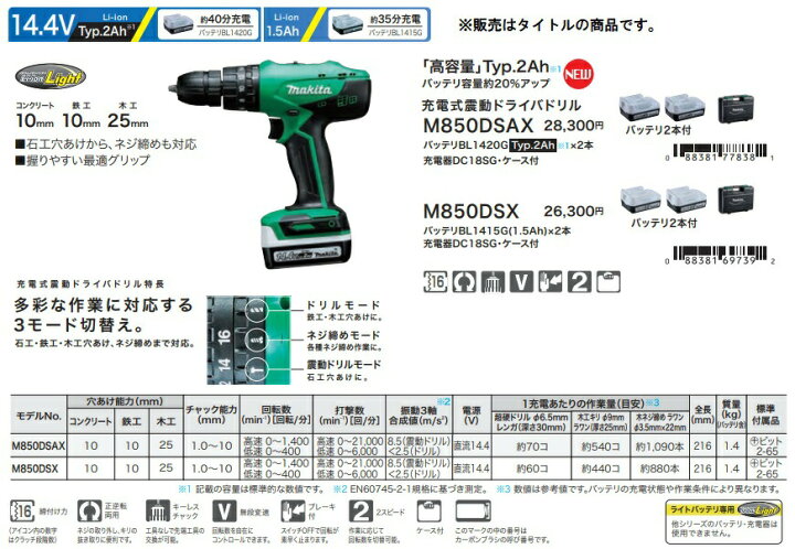 楽天市場】(マキタ) 充電式震動ドライバドリル M850DSAX バッテリ 