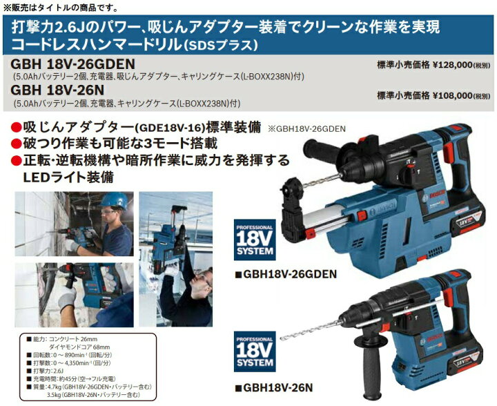 楽天市場】(ボッシュ) コードレスハンマードリル GBH18V-26N 5.0Ah 