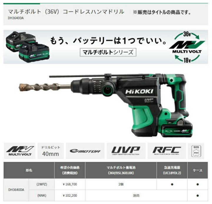 楽天市場】HiKOKI コードレスハンマドリル DH3640DA(NNK) 本体+ケース 