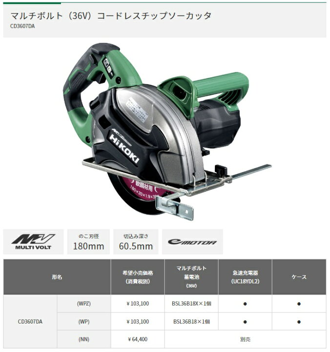 楽天市場】HiKOKI コードレスチップソーカッタ CD3607DA(WPZ) バッテリ 