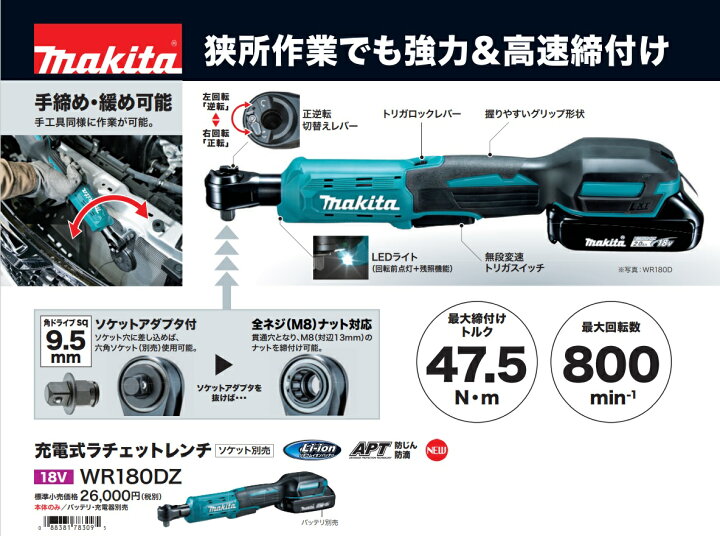 楽天市場】【在庫あり】マキタ 充電式ラチェットレンチ WR180DZ 