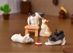 じゃれ合う猫 6体 テーブル 椅子 本セット ねこ 猫 動物フィギュア テラリウム 箱庭 フィギュア 苔テラリウム おしゃれ 苔盆栽 苔 スノードーム 小物
