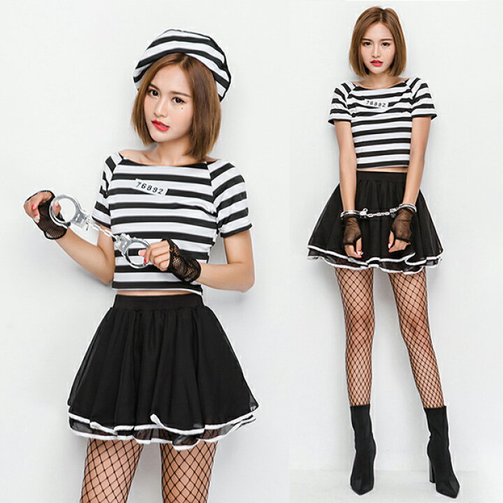 楽天市場 ハロウィン 囚人服 セットアップ 上下セット 半袖 レディース ハロウィン衣装 コスチューム 囚人 スカート 女性用 Ds仮装 衣装 コスプレ 白黒ストライプ ハロウィン衣装 大人 イベント パーティー おばけ Hooneyz
