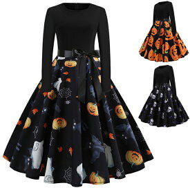 かぼちゃ 長袖 ドレス ワンピース ハロウィン衣装 レディース 薄手 鮮やか コスチューム コスプレ衣装 リボン付き コス用 cosplay ハロウィン パーティー イベント 舞台 演出服 仮面 ハロウィーン 女性用 大人用 仮装【大量注文可】