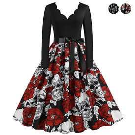 ワンピース ドレス ハロウィン衣装 フリル レディース ゴシック バラ 薄手 鮮やか コスチューム コスプレ衣装 リボン付き コス用 cosplay ハロウィン パーティー イベント 舞台 演出服 仮面 大きいサイズ ハロウィーン 女性用 大人用 仮装 ブラック レッド