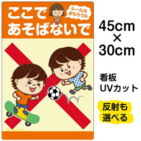 看板 表示板 子供向け 「 ここであそばないで ルールはまもろうね 」（ ボール遊び スケボー ） 小サイズ 30cm×45cm イラスト プレート 自治会 PTA 通学路 児童向け 学童向け