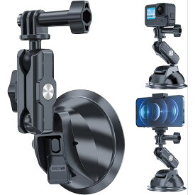 TELESIN 吸盤マウント 車載マウント GoPro Insta360 DJI カメラ用 スマホホルダー付き 360度回転 アルミ合金 + ABS ゴープロ Max Hero11 10 9 8 7 6 5 Insta360 One X2 X3 Go 2 DJI Osmo Pocket 2 Action 2 Action 3 IPhone Samsung 互換 サクションカップ