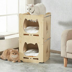 猫ベッド 木製 ねこベッド 二層 組み立て式 2段キャットハウス 猫用ベッド 木製ベッド 猫家具 ネコ家具 犬用ベッド ペット用 ナチュラ