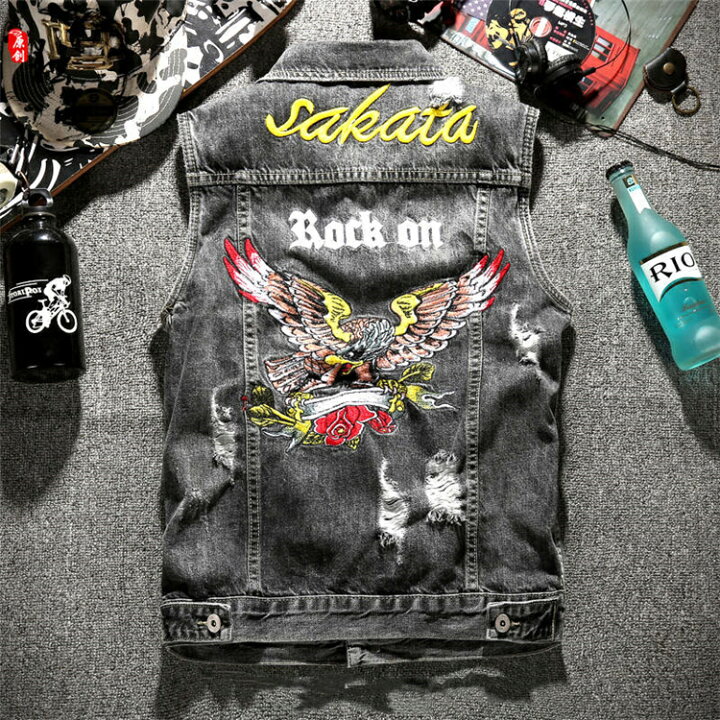 楽天市場 メンズデニムベスト Gジャン ノースリーブ アメカジ バック刺繍 イングランド風 カジュアルストリート系 ファッション 原宿系 グレー 金城商店