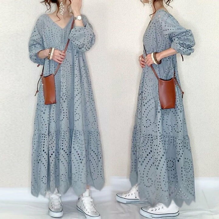 楽天市場 ワンピース レースワンピース Vネック 無地カジュアル マキシワンピース 透かし彫りワンピース 春秋 ロングワンピース 通勤 ゆったり 着痩せ 金城商店