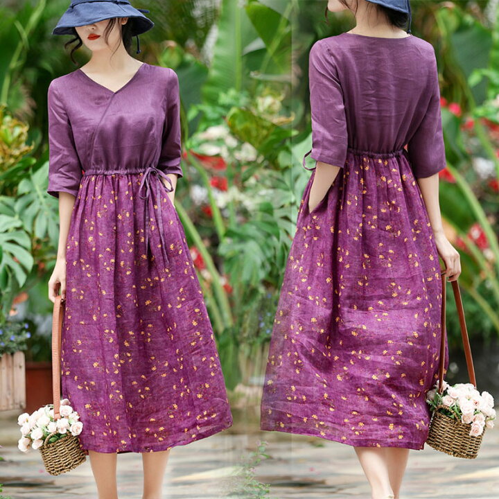 楽天市場 パープル ワンピース 薄手 花柄 綿麻 レディース 体型カバー着痩せ 母の日 プレゼント 新作 お洒落 キレイめ 夏用 涼しい代30代40代 金城商店
