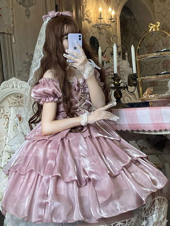 楽天市場 2点セット甘いロリータ Op ドレス ポリエステル 半袖 リボン プリーツ フリル ピンク ロリータ ワンピース ドレス 金城商店