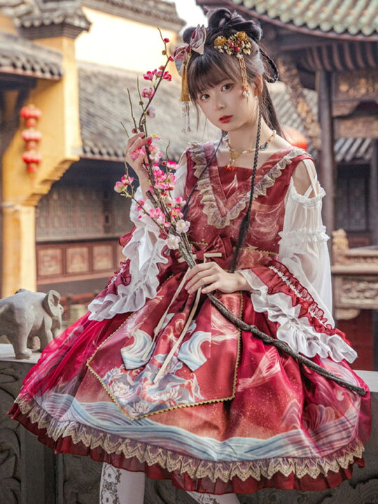 楽天市場】中国ロリータ OP ドレス レッド ノースリーブ フリル レース  