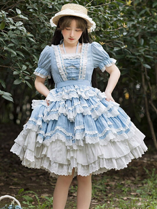 楽天市場 甘いロリータopドレスライトスカイブルー半袖フリルレースコットンロリータワンピースドレス 金城商店