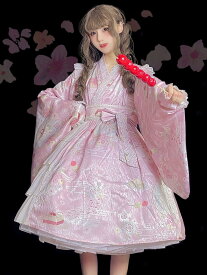 中国風ロリータオプトドレスピンクの花柄プリントパターン長袖弓Rulla Lolitaワンピースドレス