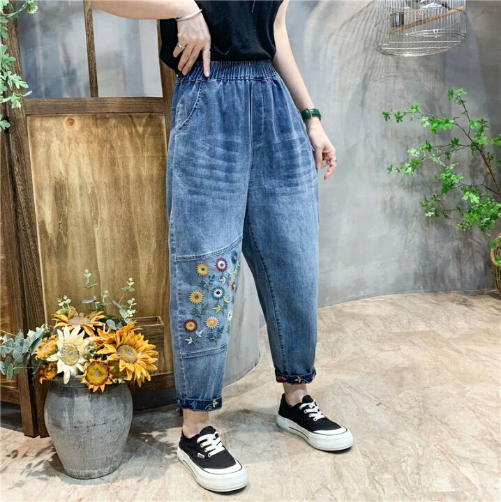 楽天市場】デニム パンツデニムクロップドパンツ 花刺繍柄 ボトムス 