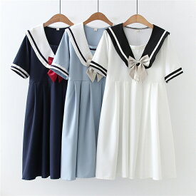 3色学院風セーラー服リボンシャツワンピ 半袖Aライン ミディアム丈 セーラー襟ワンピース切り替えライン 森ガール系ガーリーズ 甘可愛い イベント ハロウィン 仮装 変装