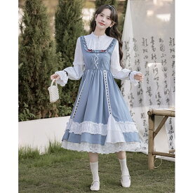 Lolitaワンピース 長袖 学院風シャツワンピースAラインプリンセス・ディンダルロリータドレスミドル丈 学生 制服 女の子 大人可愛いシンプル カジュアル ゆったり お洒落 お呼ばれ フォーマルワンピース 結婚式ワンピース 二次会 披露宴 ロングドレス 40代 30代 20代