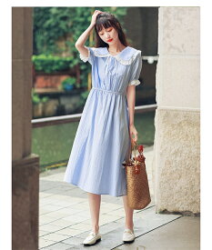 学院風セーラー服リボンシャツワンピ 半袖Aライン チュニック ひざ丈 レトロ感 セーラー服風 森ガール ワンピースレース ロリータ風 Aラインセーラー風ワンピシャツワンピース2色 可愛い 女子高生 制服 通学 同窓会　ブルー　グリーン
