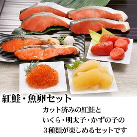 (送料無料) 紅鮭・魚卵セット　カット済みの紅鮭 いくら 明太子 かずの子 4点セット 魚卵・魚介セット　サケ イクラ めんたいこ 数の子 通販 北海道 グルメ ギフト
