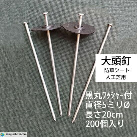 大頭釘 黒丸付 長さ20cm 太さ5mm 200個入/CS 黒丸釘 押さえピン 押さえ釘 デカピン パッドセット 防草シート 除草シート 人工芝 造園 園芸 ガーデニング