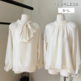 Fearless レディース ブラウス 猫 上着 シャツ トップス 長袖 体型カバー ハイネック レイヤード シルエット シンプル 優美 淑女 可愛い 無地 着痩せ バックスタイル 着心地快適 上品 大人 お洒落 カジュアル