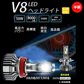 RAKU LEDヘッドライト 自動車 V8 H4/H8/H11/H16 車検対応 特制OEMチップ採用 16000ルーメン（左右セット）シルバー ホワイト 純正ハロゲンサイズ DC12-24V IP65防水等級 高速冷却ファン搭載 省エネ 片側50W 6500k 50000時間以上 送料無料