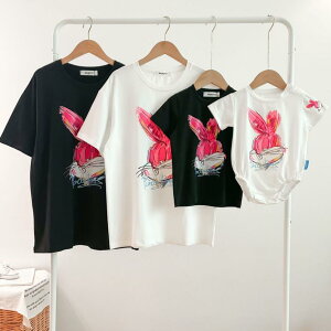 親子ペアルック tシャツ リンクコーデ 赤ちゃん ロンパース ペア 白 黒 うさぎ 子供服 ペアtシャツ 親子コーデ 親子お揃い 半袖 キッズ 男の子 女の子 パパ ママ 家族 お揃い tシャツ ベビー t