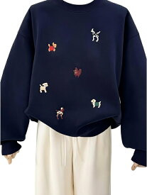 トレーナー レディース 裏起毛 犬 刺繍 可愛い スウェット クルーネック 長袖 プルオーバー ゆったり トップス 韓国風 厚手 防寒 体型カバー お洒落 ふんわり 暖かい 無地 部屋着