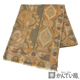 ETRO【エトロ】ストール ショール スカーフ マフラー ペイズリー 総柄 カシミア シルク カーキー系 160×60 大判【中古】