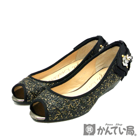 NINE WEST【ナインウエスト】パンプス ローヒール 花 リボン ツィード 黒 ブラック ファッション 靴 シューズ レディース 表記サイズ:23.5cm【美品】USED-A【質屋かんてい局名古屋西店】