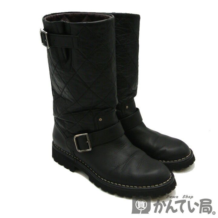 Chanel 黒 レザー ムートンブーツ サイズ37 23.5cm シャネル