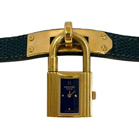 【中古】｜HERMES エルメス ケリーウォッチ ○N刻印 腕時計 ゴールド×グリーン系 クォーツ カデナ ネイビー文字盤 レディース