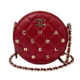 【中古】｜CHANEL シャネル マトラッセ アイコンラウンドポシェット ミニチェーンショルダーバッグ ラムスキン レッド ゴールド金具 レディース