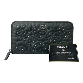 【中古】｜CHANEL シャネル A82281 カメリア ロングウォレット ココマーク ラウンドファスナー グレー 長財布 レザー