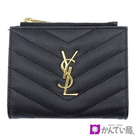 【中古】SAINT LAURENT サンローラン 575879 BOW01 モノグラム バイフォールドウォレット 牛革 キャビアスキン ブラック 二つ折り財布 レディース ウォレット