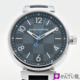 【中古】LOUIS VUITTON ルイ ヴィトン QA073 タンブールGM ダミエグラフィット クオーツ SS レザーベルト 純正Dバックル メンズ 腕時計 冊子/箱付き 2024年2月電池交換済み