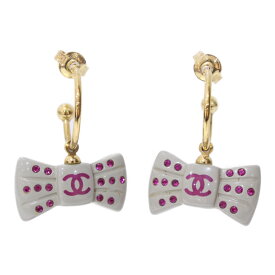 【箱あり】CHANEL シャネル　ピンクビジュリボン　フープピアス　ゴールド金具　2004年　スプリングコレクション　グレー　ココマーク　レディース　プレゼント包装可【中古】松山朝生田店