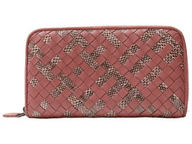 【箱・布袋あり】BOTTEGA VENETA　ボッテガヴェネタ　イントレチャートパイソン　ラウンドファスナーウォレット　長財布　ロングウォレット　ピンク系　レザー　ウィメンズ　レディース　人気　プレゼント包装　ギフト【中古】松山朝生田店