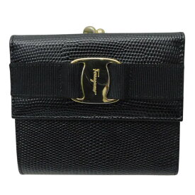 【箱あり】Salvatore Ferragamo　サルヴァトーレフェラガモ　ヴァラリボンがま口財布　ブラック　ゴールド金具　折り財布　ウォレット　レディース　プレゼント包装　ギフト【中古】新居浜店